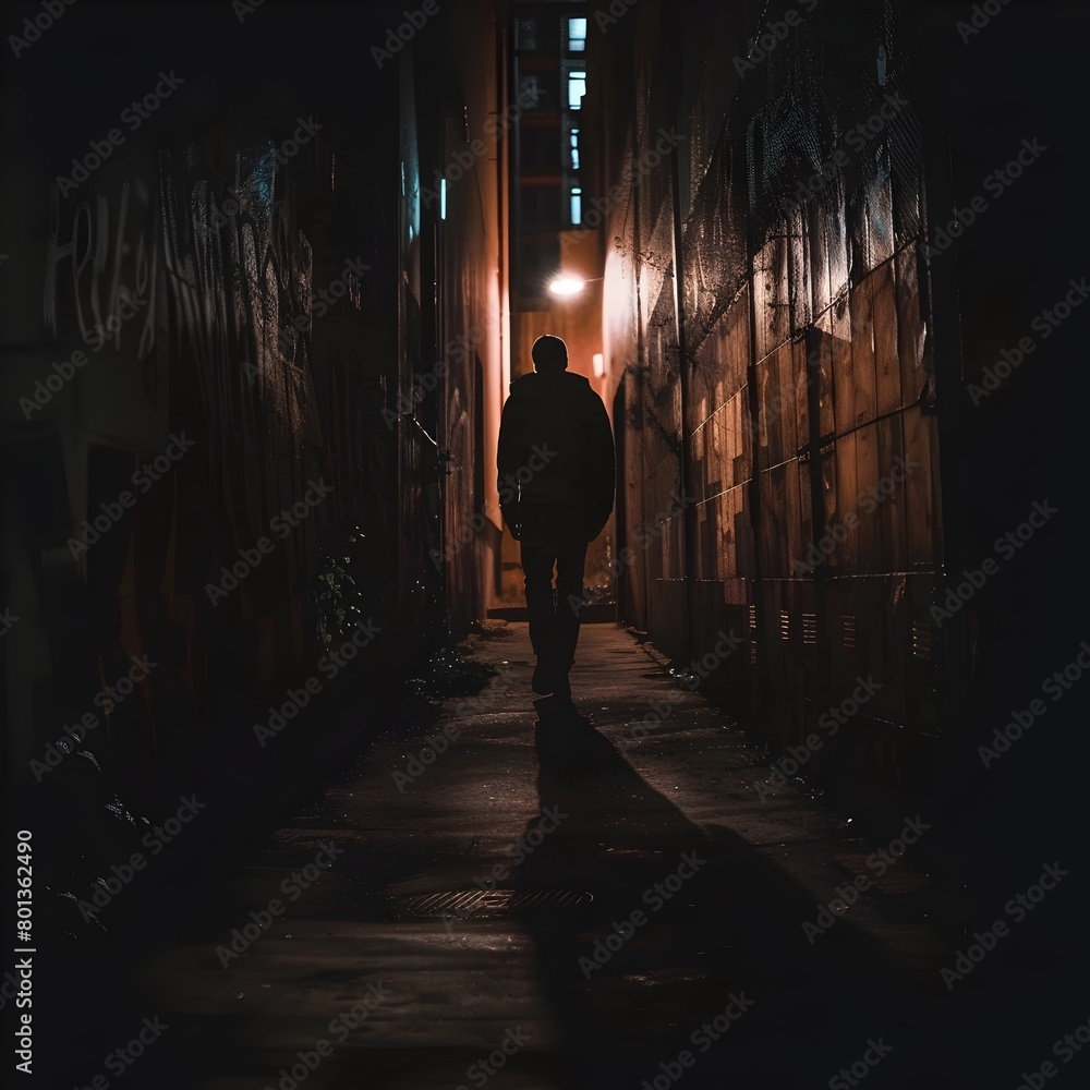 Shadowy Figure Lurking in a Dark Urban Alleyway at Nightfall