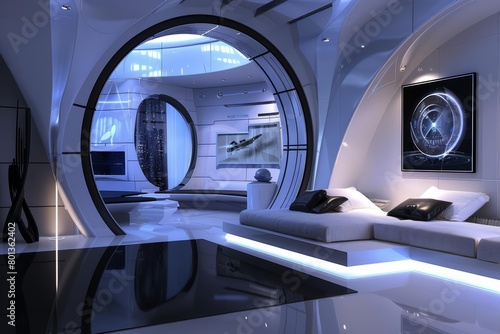  Futuristic interior design of a living room with a large curved sofa  a coffee table  and a large window.