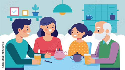 A family sits around a kitchen table discussing their longterm financial goals and how a Retirement Savings Plan can help them achieve them.