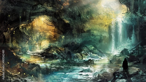 Digital watercolor illustration of an underground cavern housing a fantastical alternate world  with a mystic river flowing and a mysterious figure nearby.