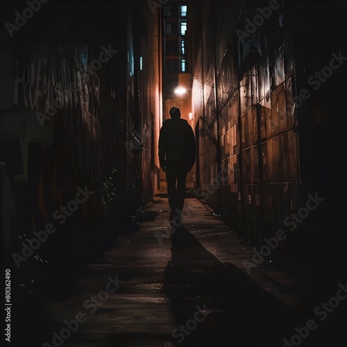 Shadowy Figure Lurking in a Dark Urban Alleyway at Nightfall