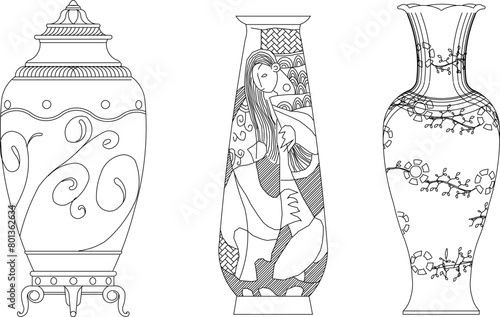 Detailed vector sketch illustration design of traditional ethnic classic old urn decoration accessories