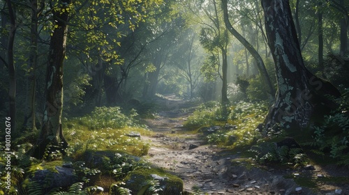 A painting of a dirt path in a forest