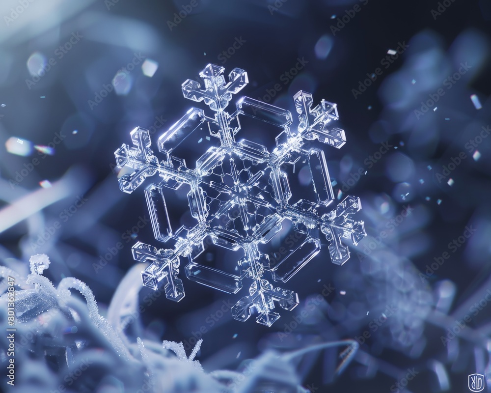 A photorealistic image of a snowflake, capturing the intricate hexagonal patterns and delicate branching structures A photorealistic image of a snowflake, capturing the intricate hexagonal patterns and delicate branching structures
