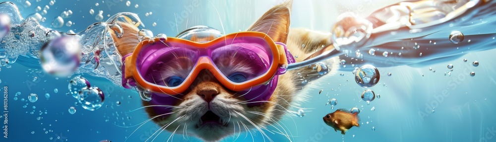 A cat wearing goggles is swimming in a pool