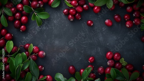 Fresh red cranberries with green leaves scattered on a dark textured surface.