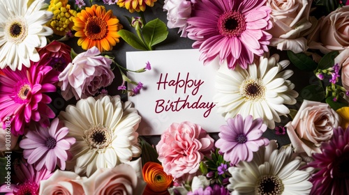 A birthday card surrounded by colorful flowers
