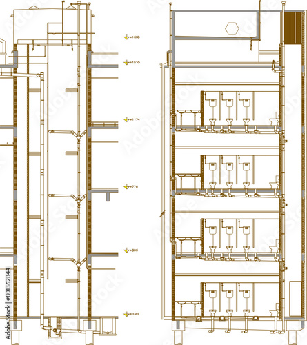 Detailed vector sketch illustration of the design of a dirty water sanitation piping installation in a multi-storey building