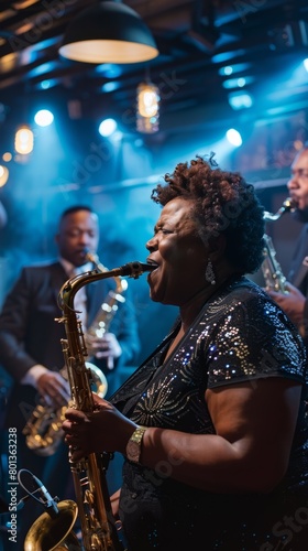A woman playing a saxophone in a band