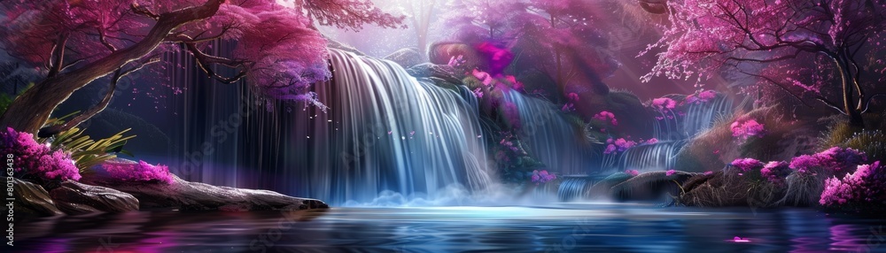 A beautiful waterfall surrounded by pink flowers. The water is calm and peaceful. The scene is serene and calming