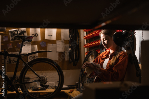 Portrait of woman wipes her hands with a rag while working at a repair shop, bicycle maintenance.