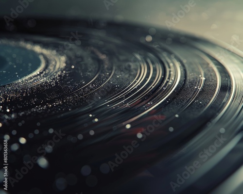 A photorealistic image of a vinyl record groove, capturing the dust particles and the intricate pattern of the music recording 