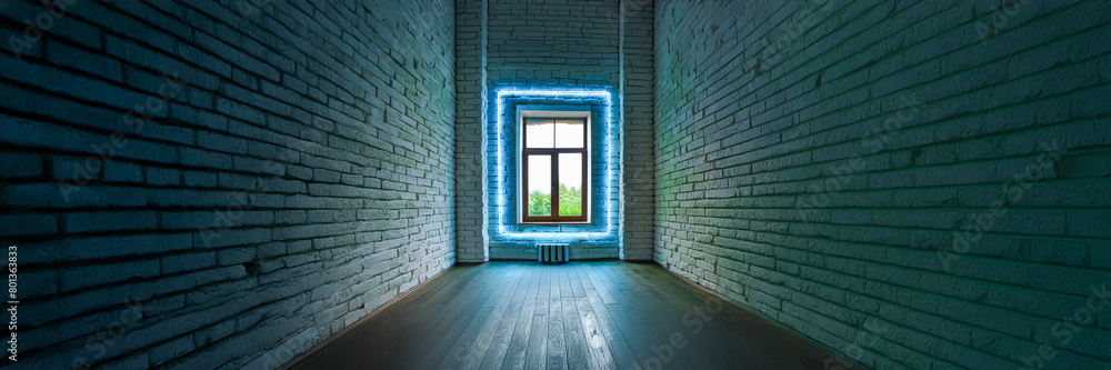 neon frame on brick corridor end neon frame on brick corridor end