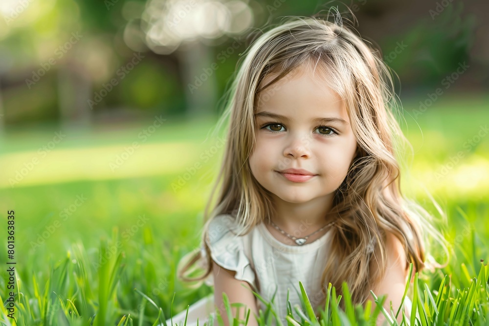 Cute smiling little girl child on the meadow in summer day? blurred background empty space Cute smiling little girl child on the meadow in summer day? blurred background empty space