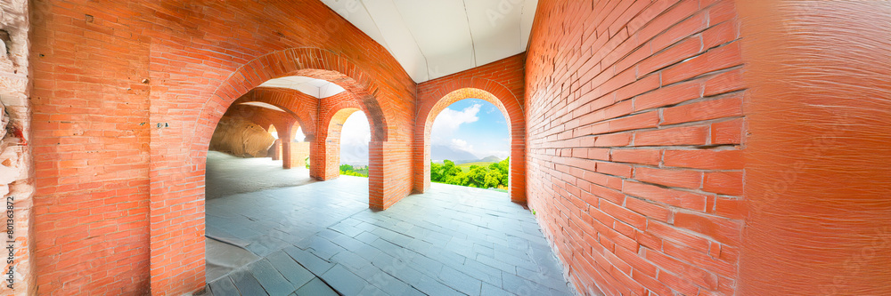 Obraz premium brick interior loft apartment room with tree and mountain nature view