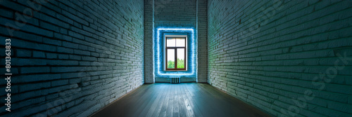 neon frame on brick corridor end