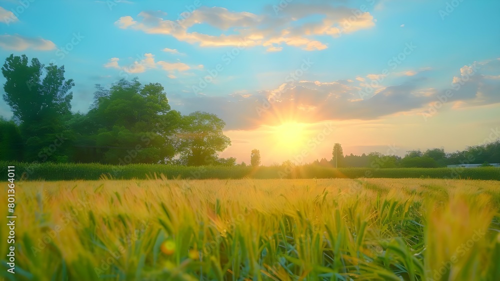 Fototapeta premium Farmers harvesting cereal at sunrise in a golden field capturing natural beauty . Concept Landscape Photography, Agriculture, Farming, Sunrise, Golden Hour