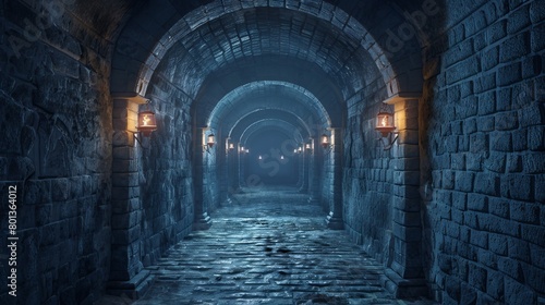 Eerie depiction of endless medieval catacombs illuminated by torches, evoking a sense of mystical dread. 3D Rendering
