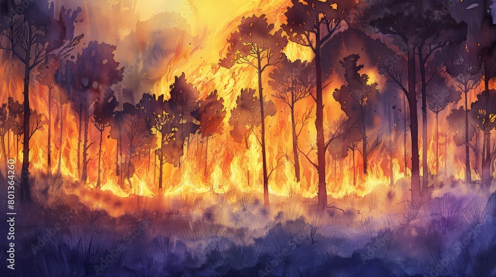 Wildfire burning through a dense forest at sunset. An illustration of nature's fury and the dangers of climate change.