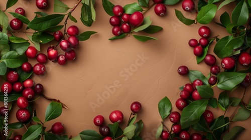 Top view of vibrant red cranberries with green leaves on a brown background, ideal for food and nature themes.