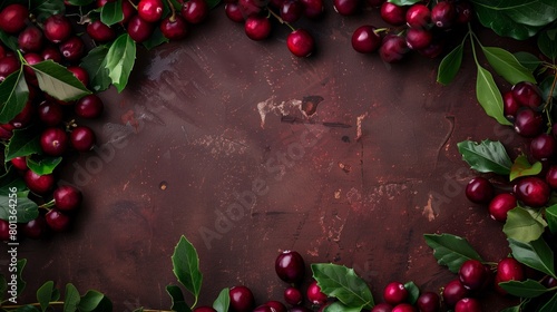 Ripe red cherries with green leaves scattered on a rustic dark brown surface, offering abundant textures. © Natalia