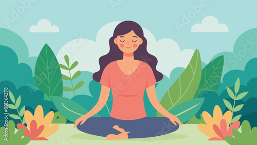 A woman with closed eyes sitting in a garden a peaceful smile on her face as she meditates and finds inner calm during her chemotherapy treatment..