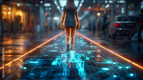 Futuristic Medical Hologram Projection Illuminating Urban Pathways in Cityscape photo