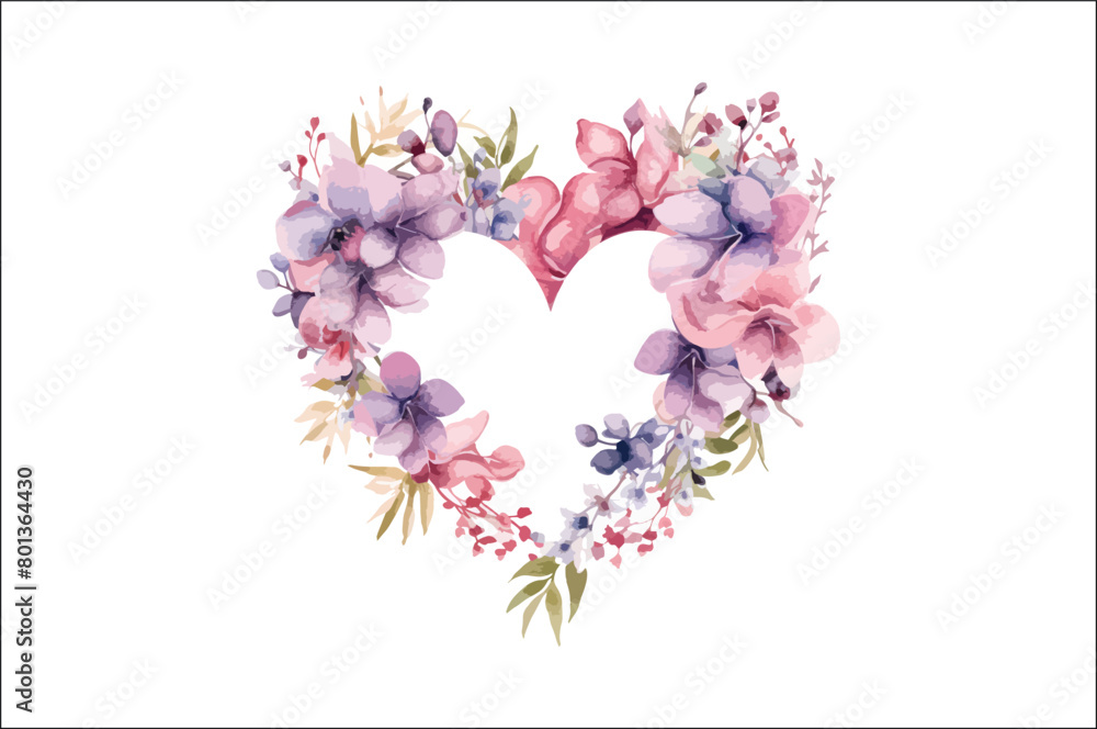 Beautiful Watercolor Floral love shape Vector Illustration, Beautiful Watercolor Floral Love Shape.