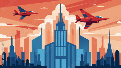 Against a backdrop of sprawling city buildings the jets perform precise and graceful maneuvers showcasing the excellence of our armed forces.. Vector illustration