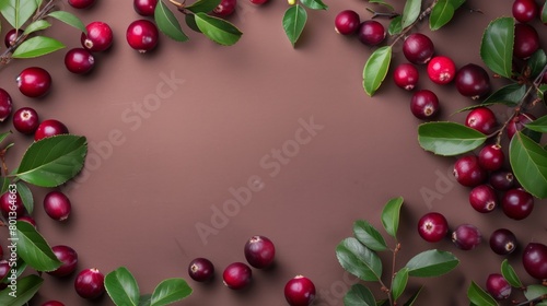 Frame of red cherries and green leaves arranged on a brown background with ample copy space.