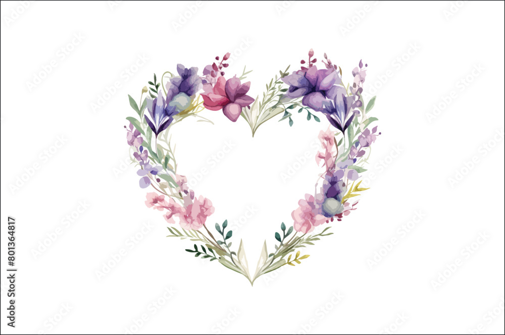 Beautiful Watercolor Floral love shape Vector Illustration, Beautiful Watercolor Floral Love Shape.