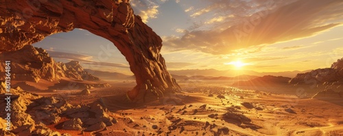A rock archway formation against a vibrant sunset, casting a long shadow across a desert landscape  photo