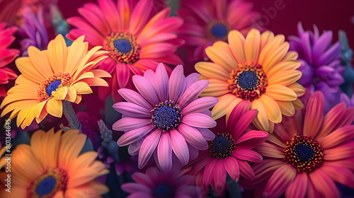 pink and yellow centers, encircled by purple and yellow petals against a deep red backdrop