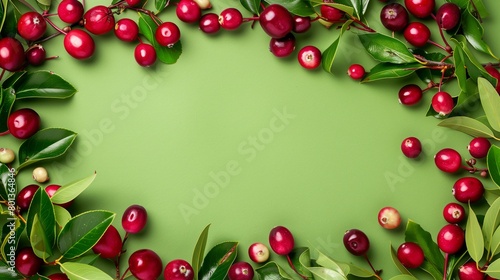 Vibrant photo of fresh cranberries with lush green leaves on a green background, with ample copy space.