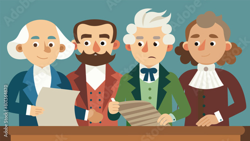 Puppet versions of the founding fathers signing the Declaration of Independence.. Vector illustration