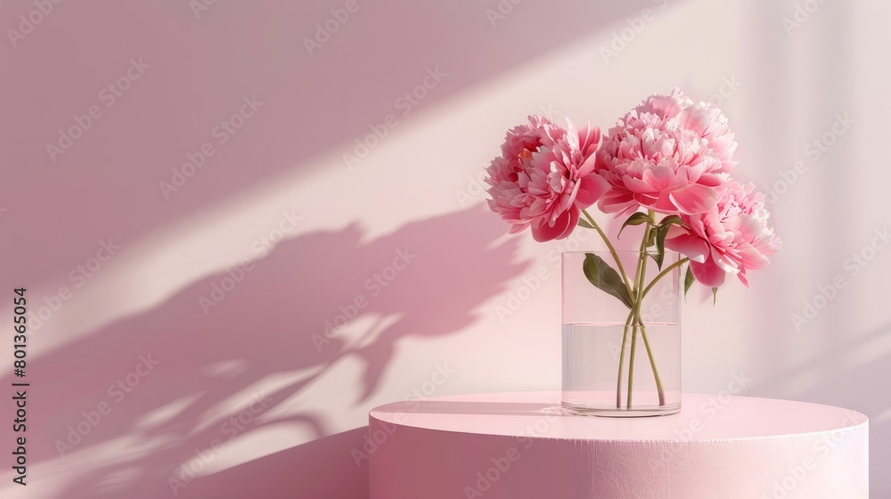 Pink soft round podium with pink peonies bouquet in glass vase Pink soft round podium with pink peonies bouquet in glass vase