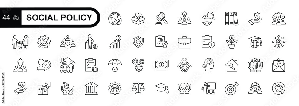 Social policy  line icons, security, government, welfare, protection, family, vector template editable stroke.
