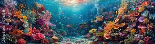 A beautiful and vibrant coral reef with many different types of fish swimming around.