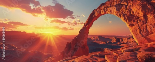 A rock archway formation against a vibrant sunset, casting a long shadow across a desert landscape  © EC Tech 