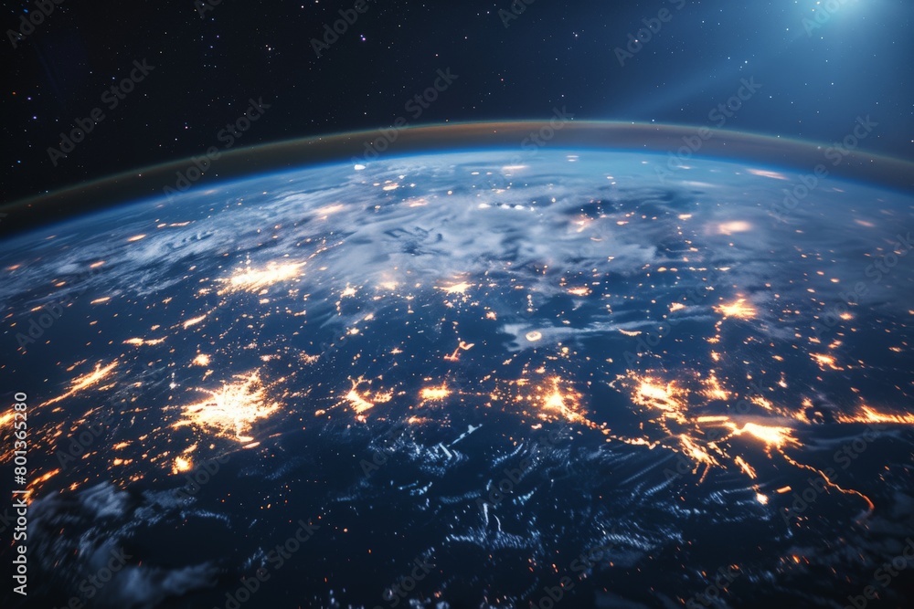 Obraz premium A satellite image of the Earth at night, with city lights illuminating continents, showcasing the interconnectedness of human civilization 