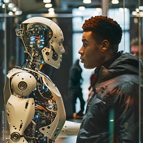 A young man is looking at a realistic robot. The robot is made of metal and has wires exposed. The man is wearing a black jacket and has a serious expression on his face.