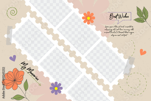 Hand drawn mood board of photos collage frame mockup background template