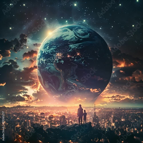 An_illustration_of_a_father_and_son_standing_on_a_hilltop_overlooking_a_city_at_night_2Z