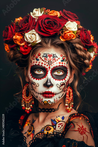 A portrait of an attractive woman with her face painted in the style of Day of The Dead, wearing roses in her hair against a dark background with studio lighting