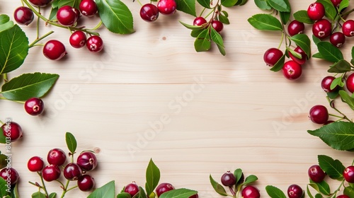 Bright and fresh cherries with leaves spread beautifully on a light wooden background.