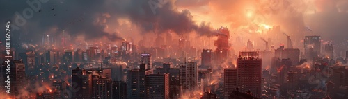A dark, post-apocalyptic cityscape with a red sky and smoke in the air.