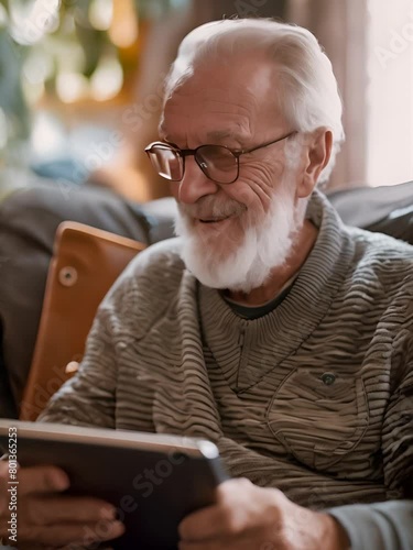 Happy elderly man using tablet at home