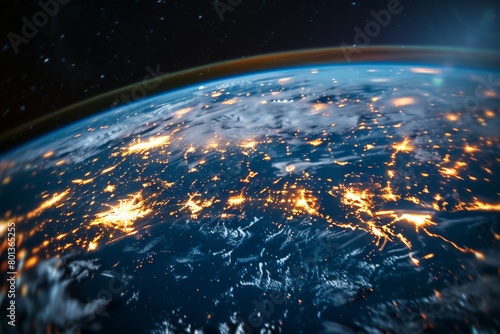 A satellite image of the Earth at night, with city lights illuminating continents, showcasing the interconnectedness of human civilization 