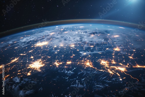 A satellite image of the Earth at night  with city lights illuminating continents  showcasing the interconnectedness of human civilization 