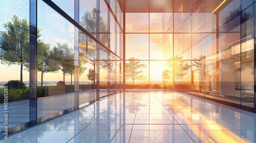 Commercial office building, glass curtain wall, sunlight, urban skyline photo